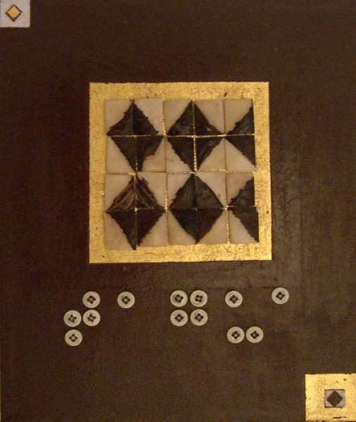 "Tagua"
Acryl auf Leinwand, Taguastücke(Steinnuss)und-Knöpfe und Blattgold
Tastbaresbild
